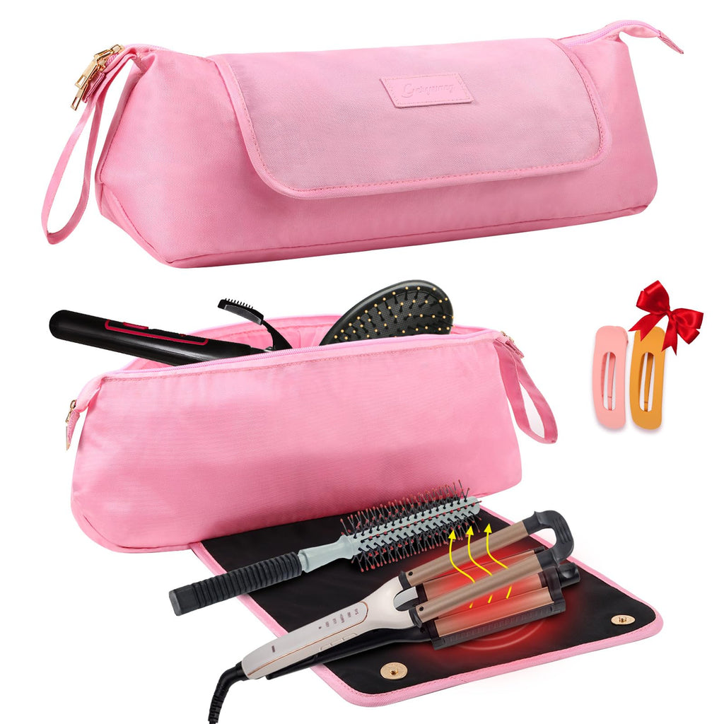 GERYUAEG Large Hair Tools Travel Bag with Heat Resistant Mat for Straighteners Curling Iron Haircare Accessories Hair Styling Tools Bag with Silicone Mat (Pink)